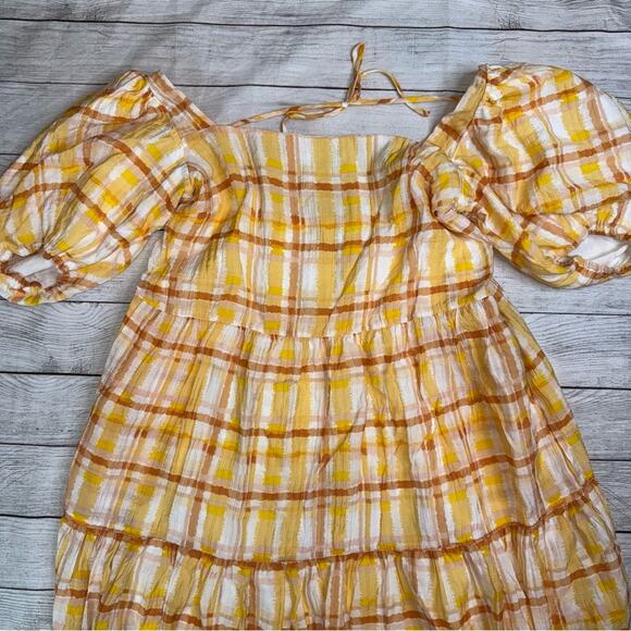 ASTR The Label Women's Ilana Yellow Plaid Midi Dress Puff Sleeve Open Back Large - Picture 7 of 9